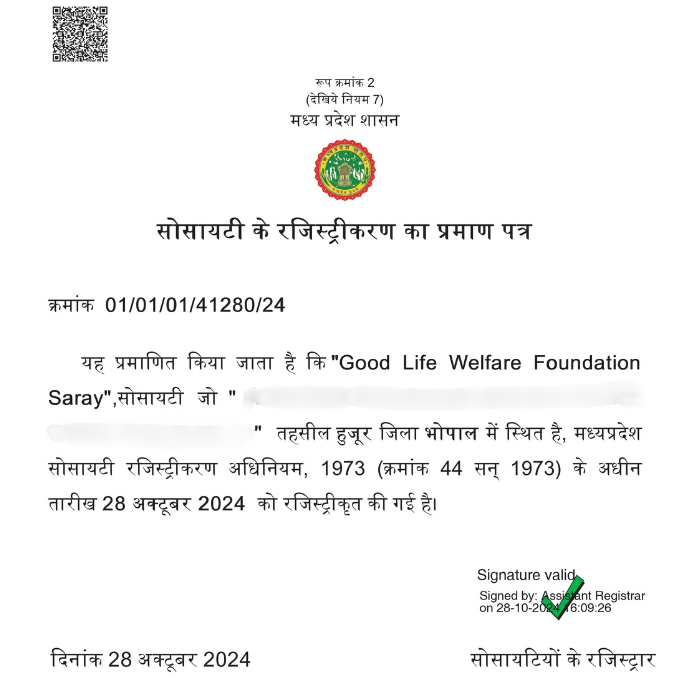 Good Life Welfare registration certificate